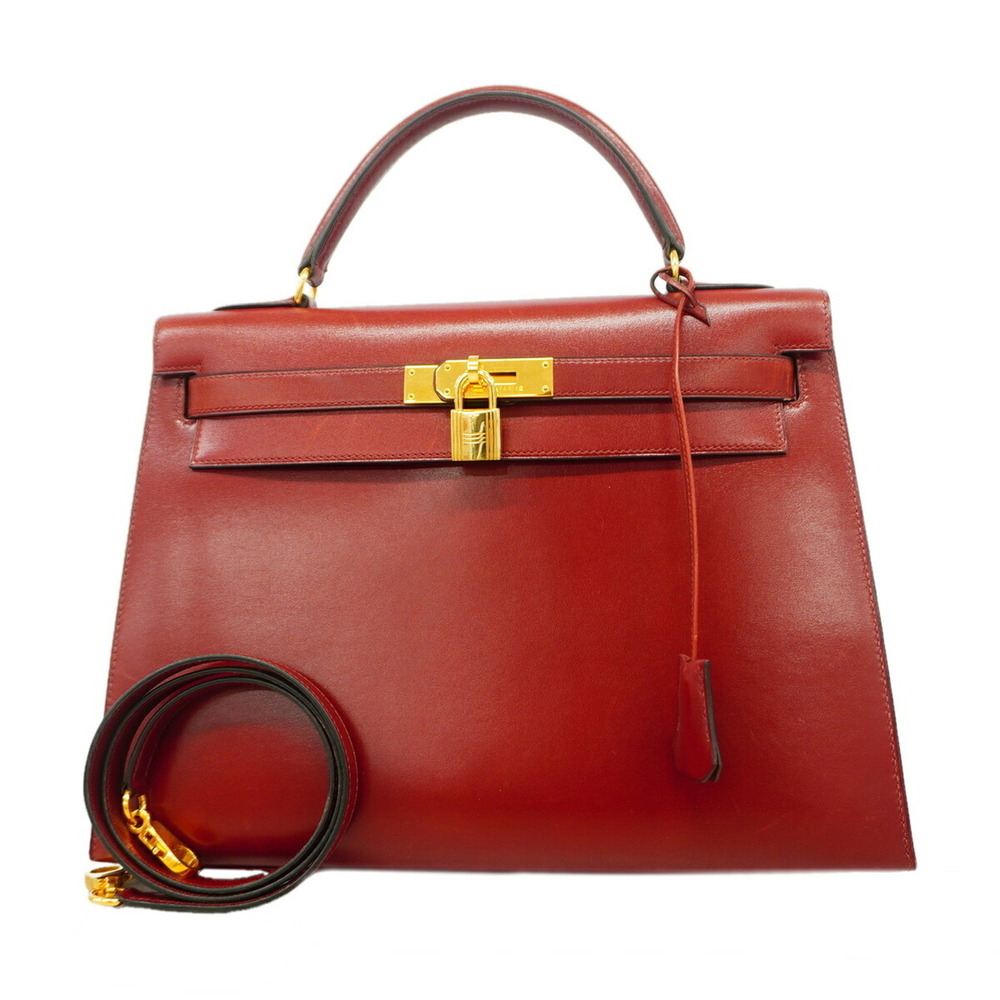 Hermes Kelly 32 Box Calf Handbag, Rouge H, ○W Stamp, 2-way bag for women